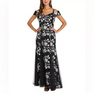 R&M Richards Black Embroidered Cold-Shoulder Tulle Gown Maxi Dress